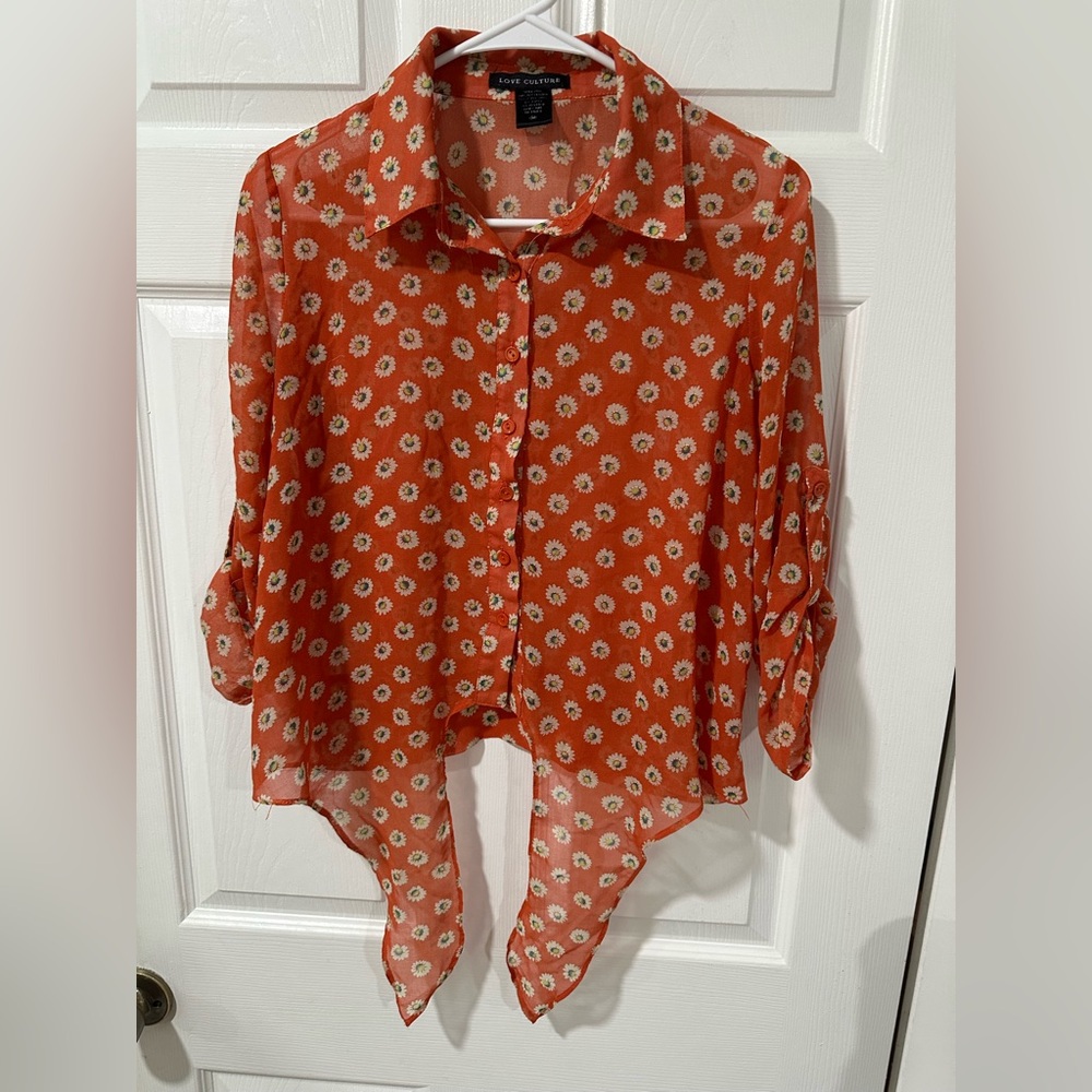 Love Culture Orange Floral Sheer Button-Down Shirt